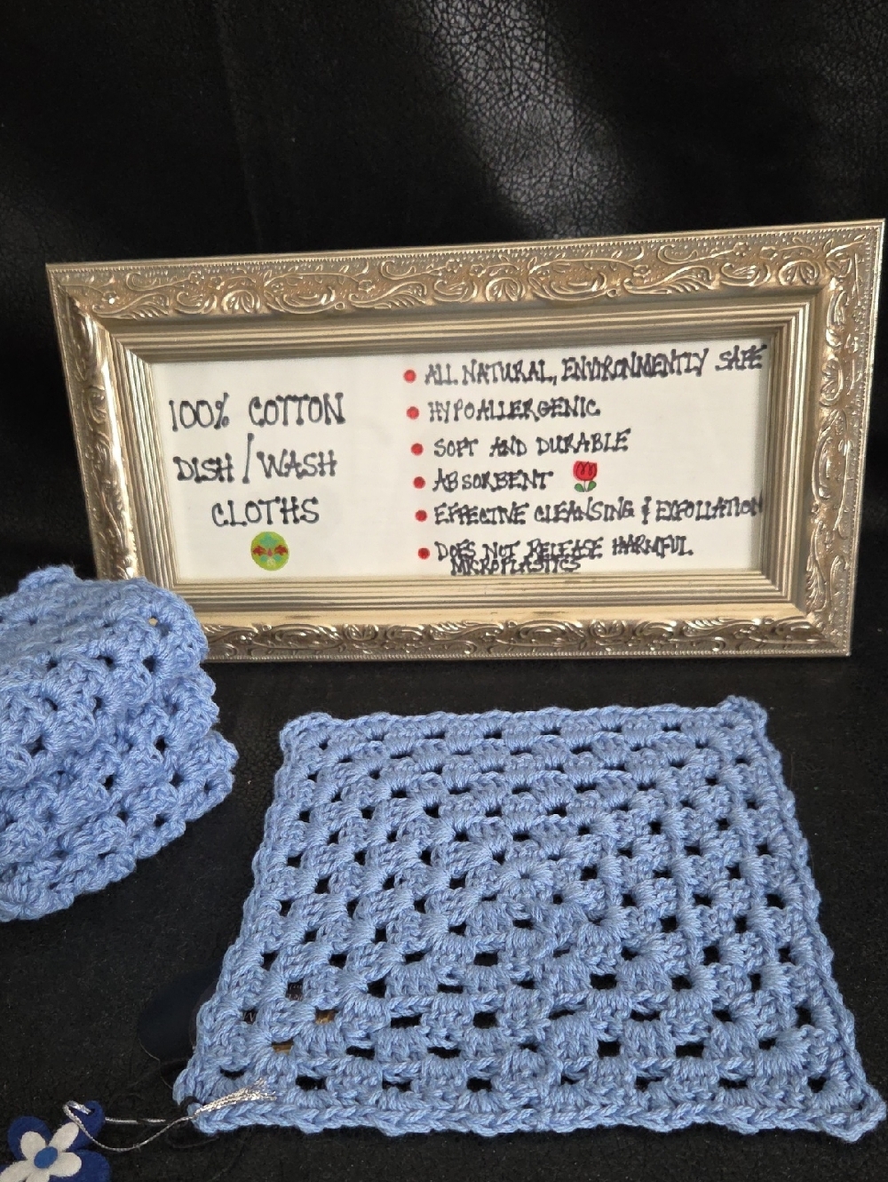 Handmade Crocheted Blue Cotton Dish/Wash Cloths - 100% Cotton Set Of 4